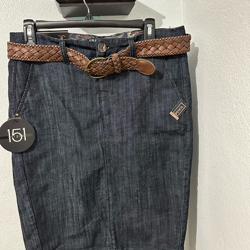 Denim Skirt with Brown Braided Belt